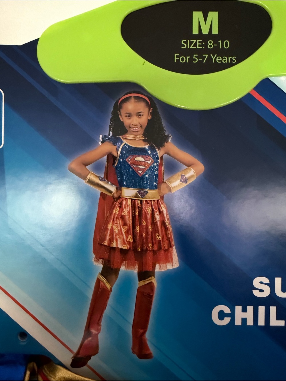 DC Supergirl-Style Red and Blue Sparkle Dress with Gold Accents